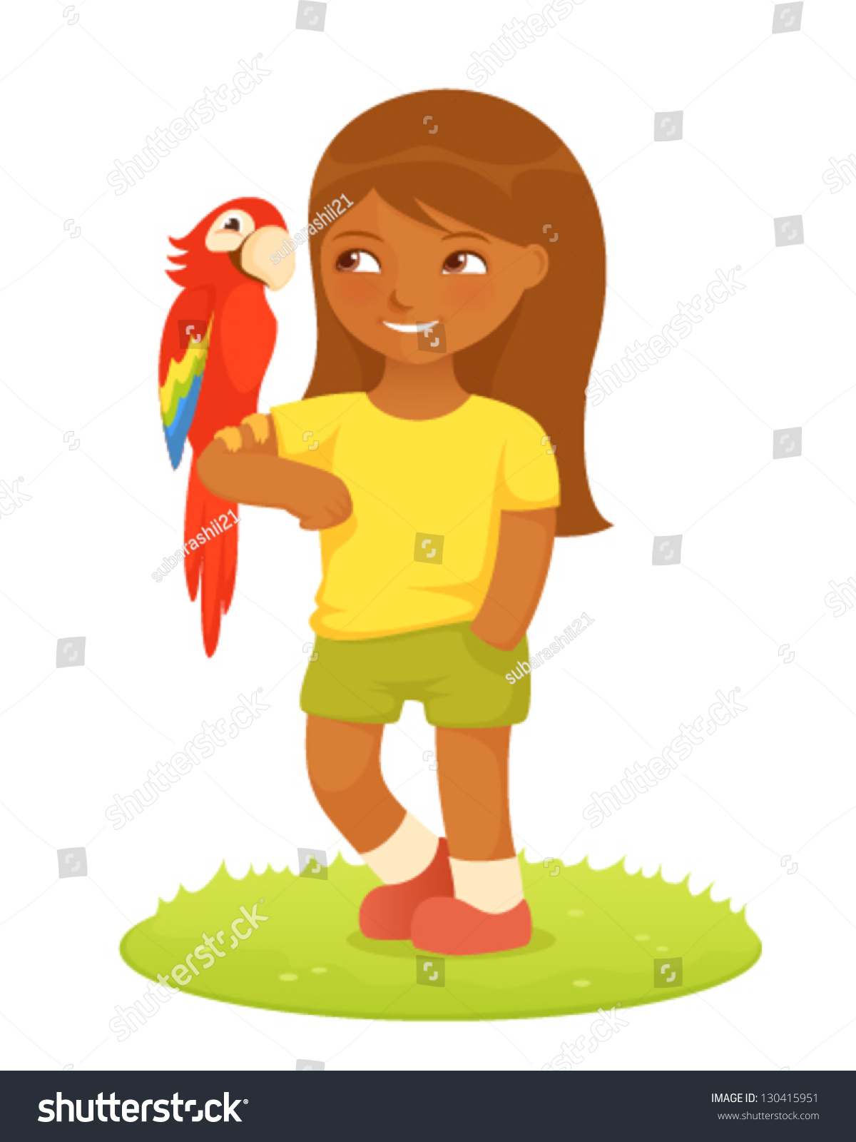 Colorful Cartoon Illustration Of A Cute Small Girl With Macaw Parrot ...