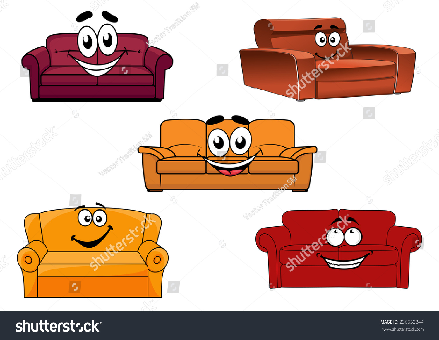 Colorful Cartoon Sofas Settees Couches Characters Stock Vector (Royalty ...