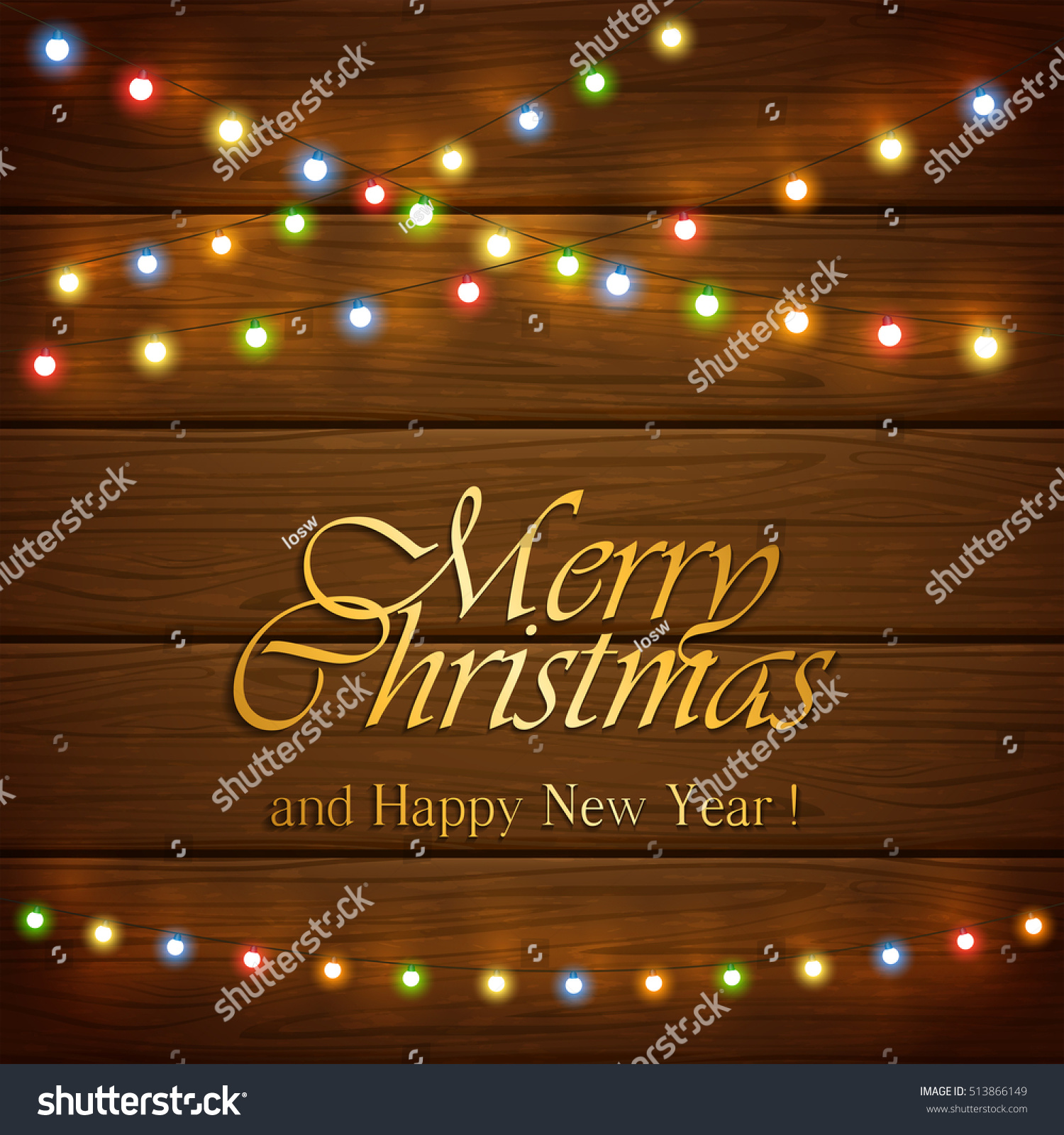 Colorful Christmas light with inscriptions Merry Christmas and Happy New Year on wooden background holiday