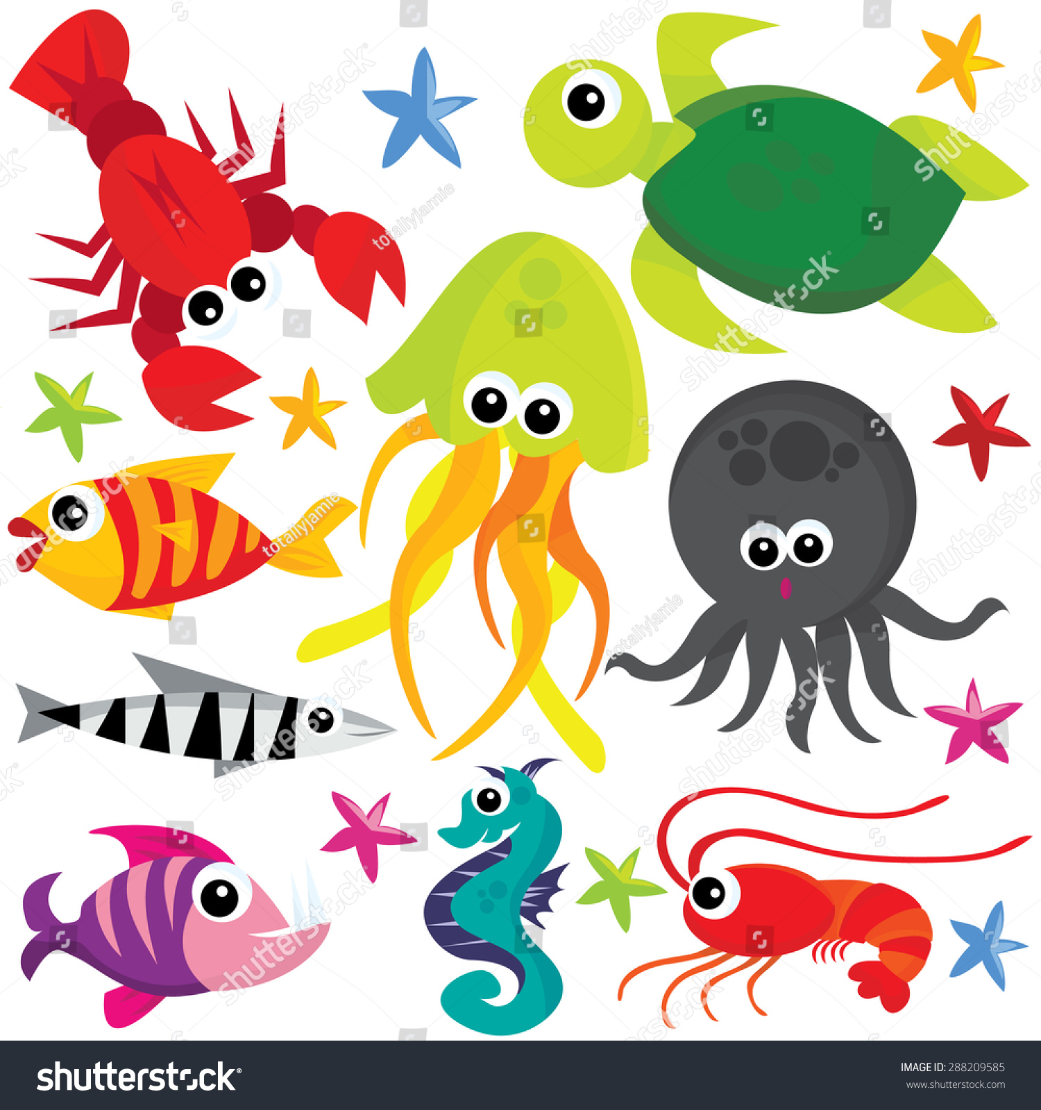 Cute Cartoon Sea Creatures. All On Different Layers For Easy Editing ...