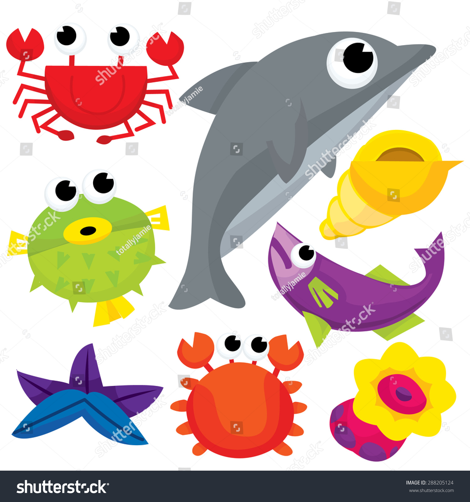 Colorful Cute Sea Creatures Cartoon Vector Stock Vector 288205124 ...