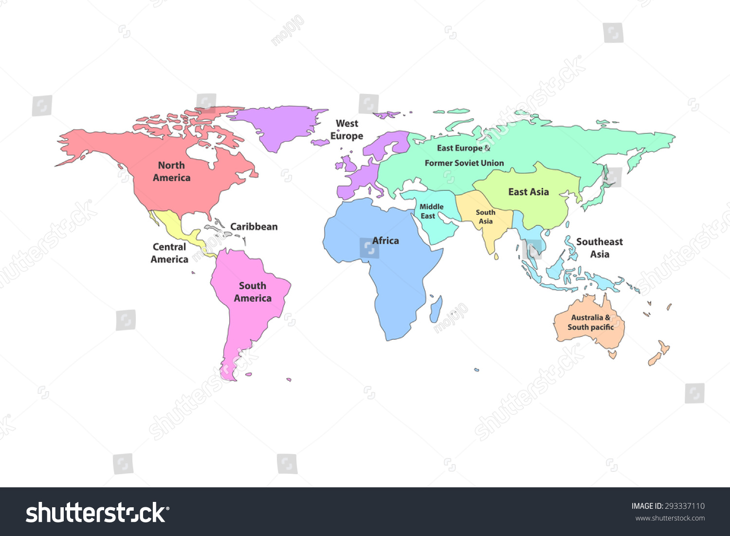 Colorful Detail World Map Regions With Continent Name , Isolated On ...