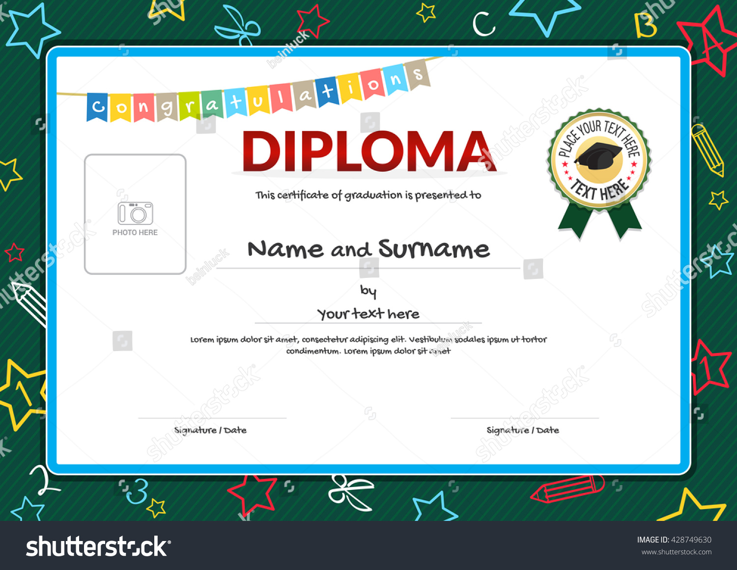 Colorful Diploma Certificate For Kids On Green Chalk Board With Kids ...