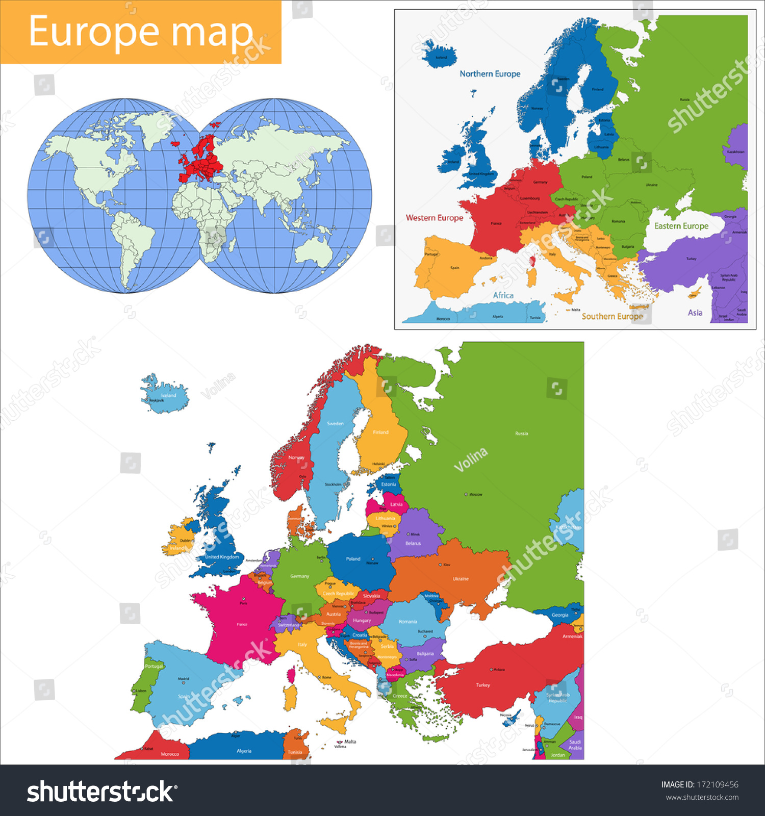 colorful europe map with countries and capital cities