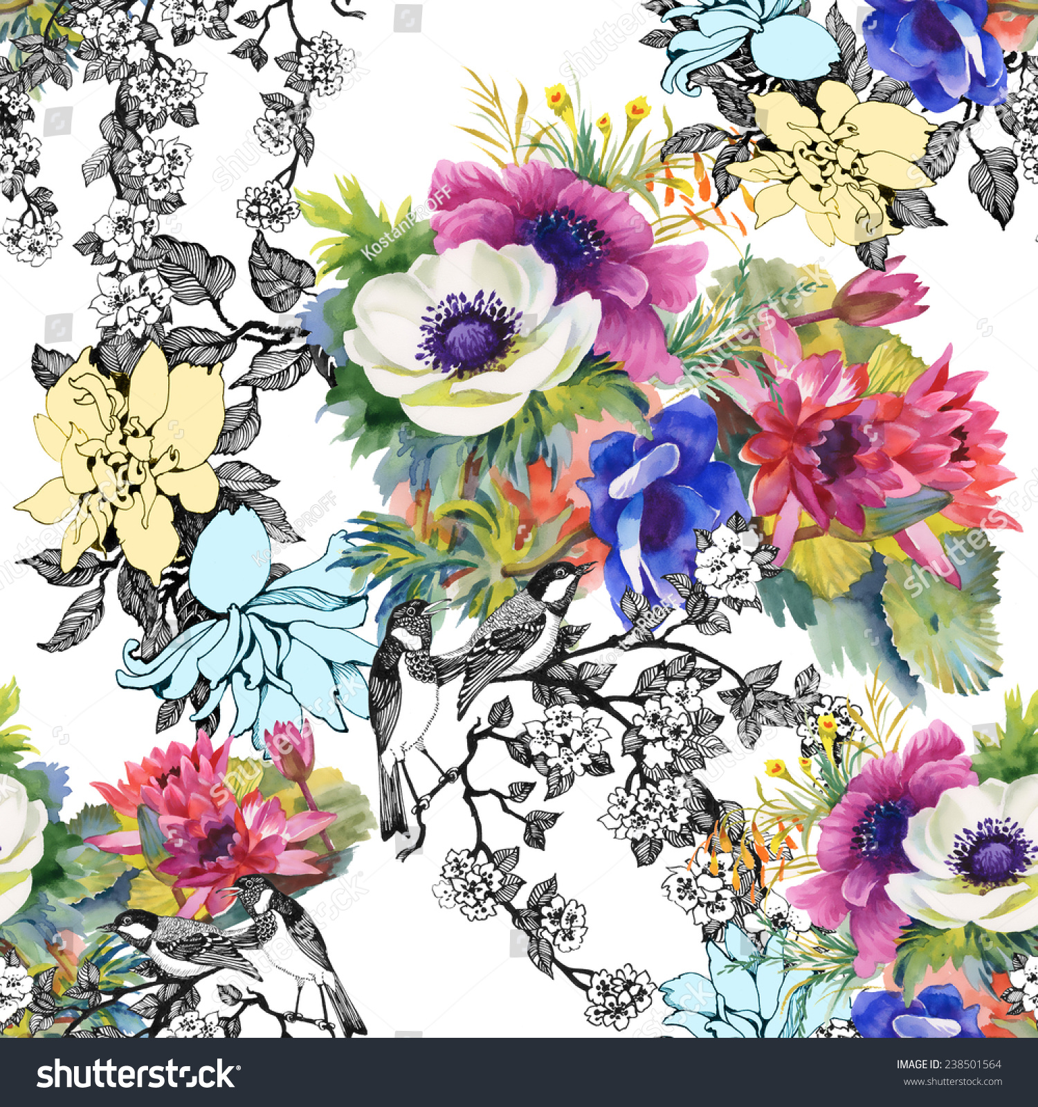 Colorful Garden Flowers Seamless Pattern On White Background Vector ...