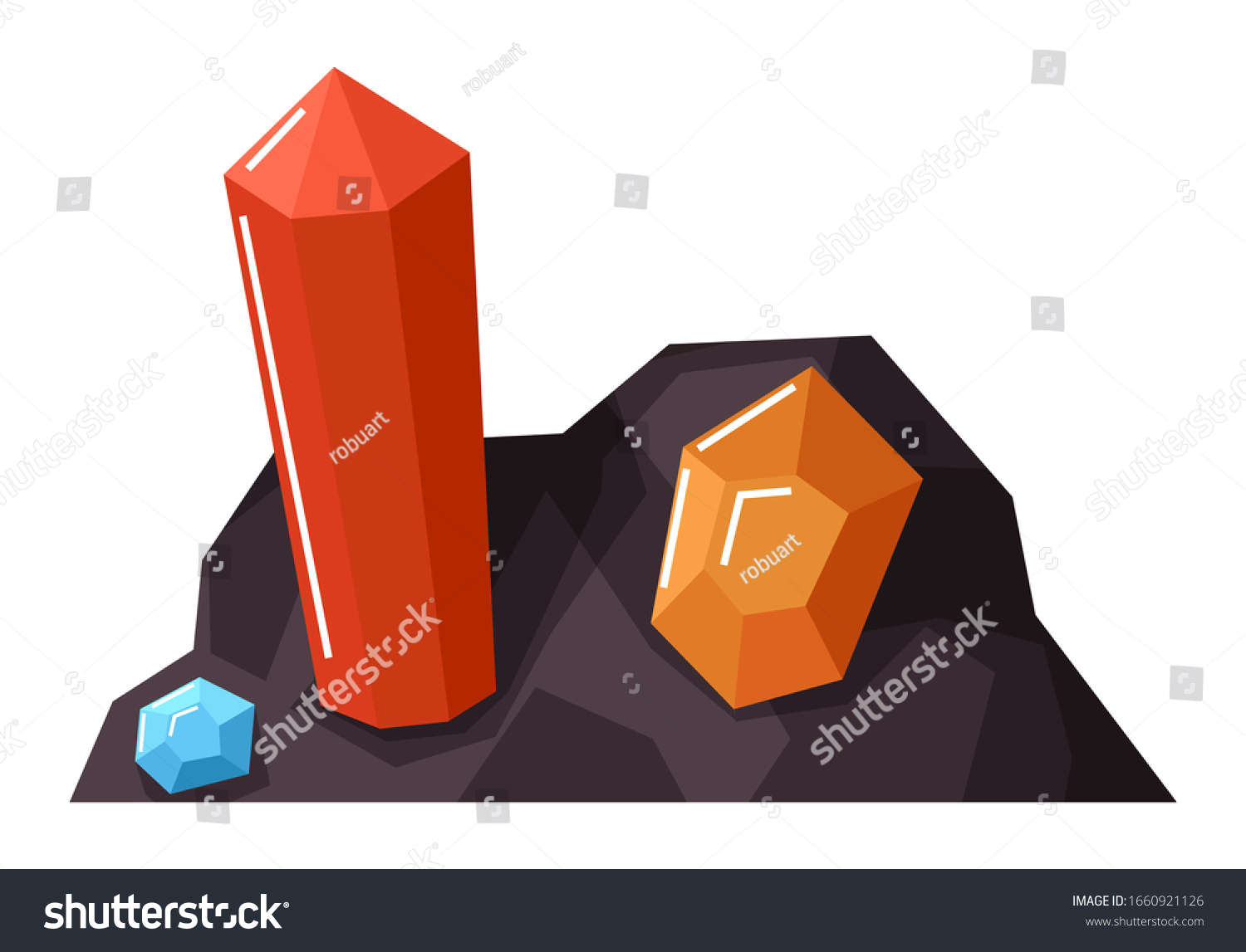 SVG of Colorful gemstones in ground isolated on white background. Red ruby, orange topaz and blue turquoise. Inside quarry, mining industry. Vector illustration of material extraction in flat style svg