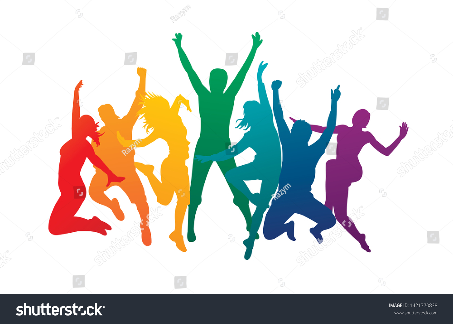 カラフルで幸せなグループの人々が ベクターイラストシルエットをジャンプします 明るい男と女 楽しい友達の背景をジャンプ 表現豊かなダンス ジャズ ファンク ヒップホップの手を上げる のベクター画像素材 ロイヤリティフリー