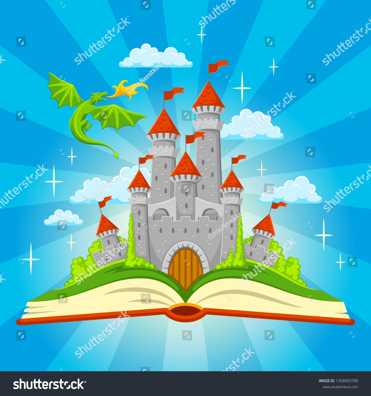 Colorful Illustration Fantasy Book Castle Dragon Stock Vector Royalty Free