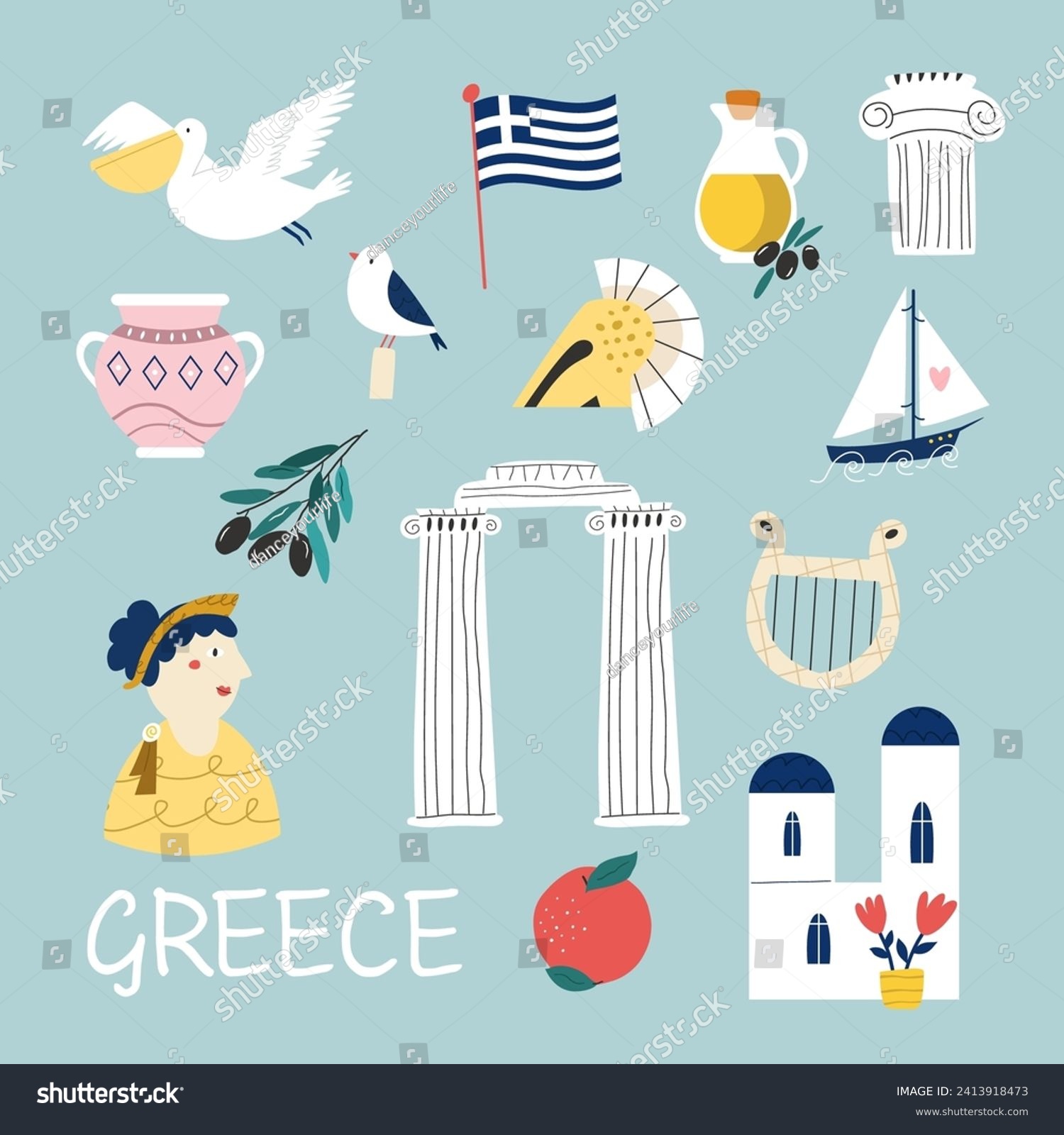 SVG of Colorful image, frame art with landmarks, symbols of Greece. Vector illustration, good for posters, frame art, travel leaflets, magazines, souvenirs svg