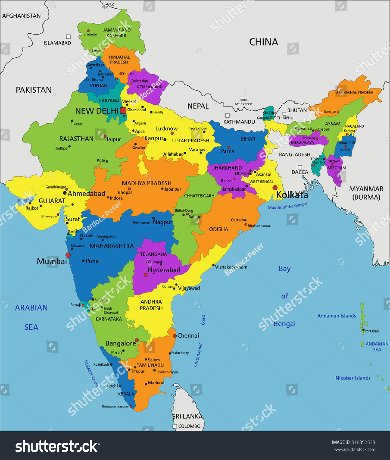 Practical Map Of India Colorful India Political Map Clearly Labeled Stock Vector (Royalty Free)  318352538 | Shutterstock