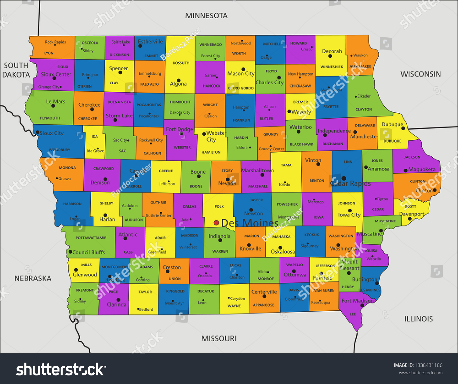 Colorful Iowa Political Map Clearly Labeled Vector có sẵn (miễn phí