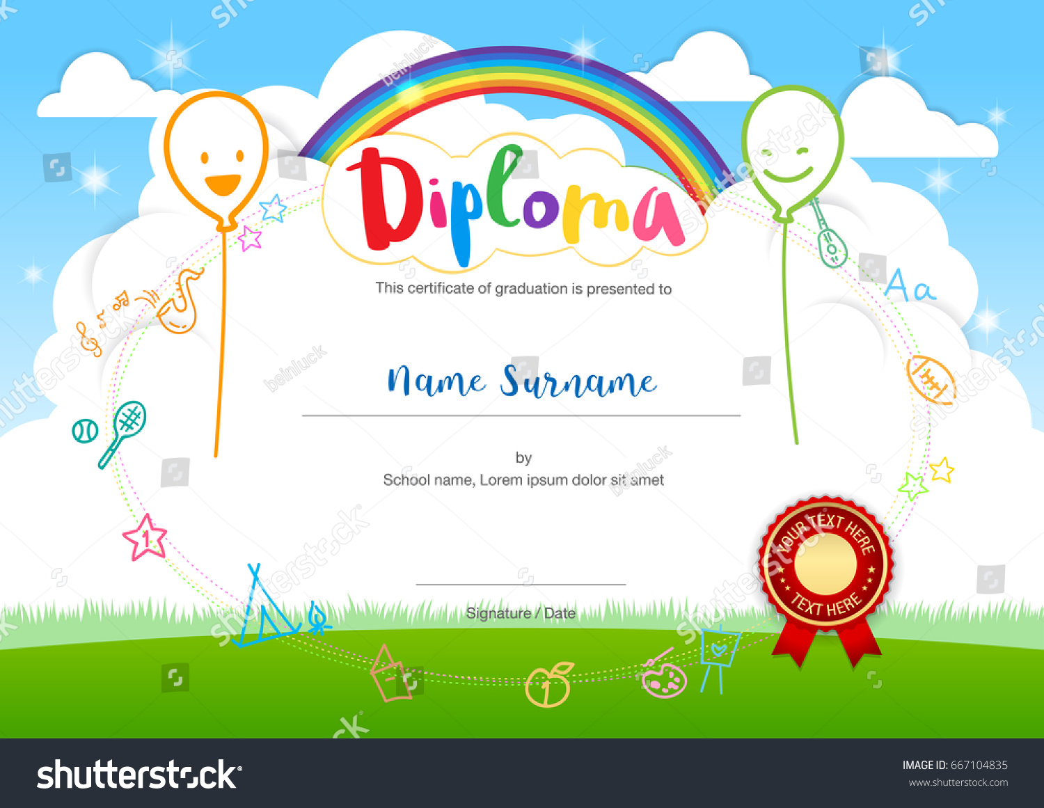 Colorful kids summer camp diploma certificate template in cartoon With Regard To Summer Camp Certificate Template