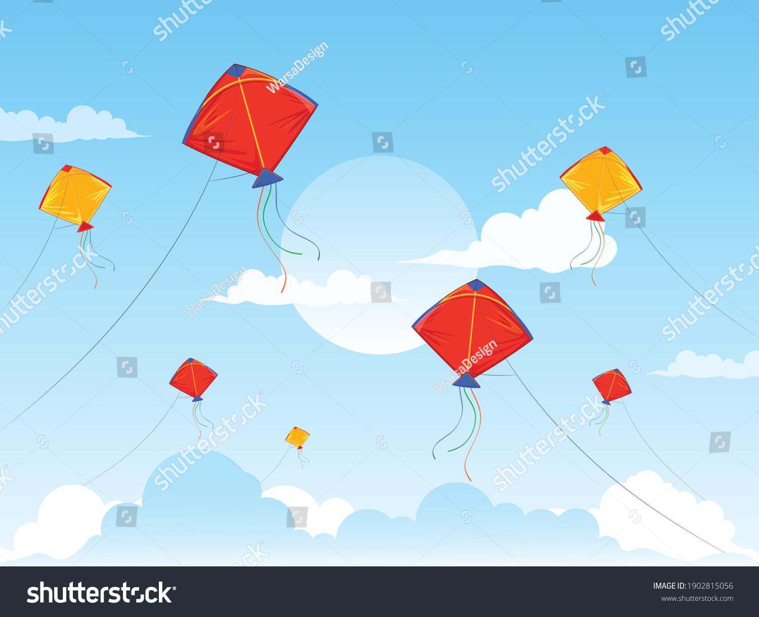 SVG of Colorful kites flying in the clouds. Colored kites and clouds in the bright blue sky illustration. svg