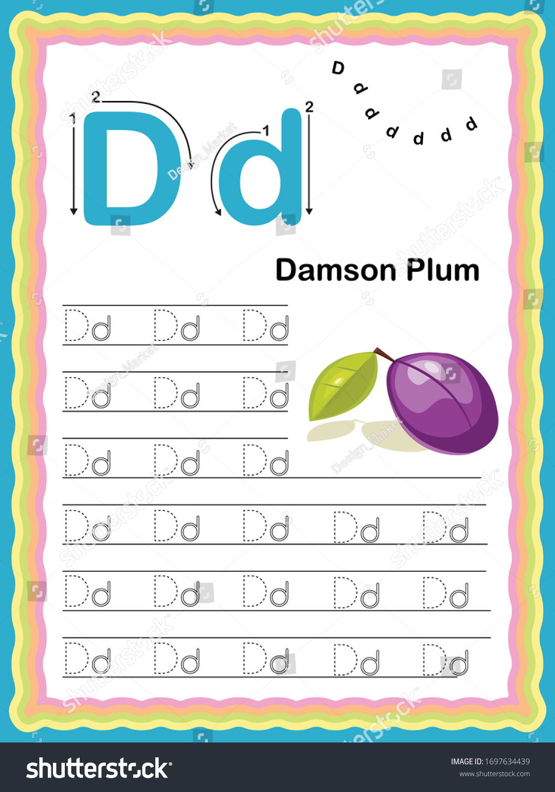 colorful letter d uppercase lowercase tracing stock vector royalty free 1697634439