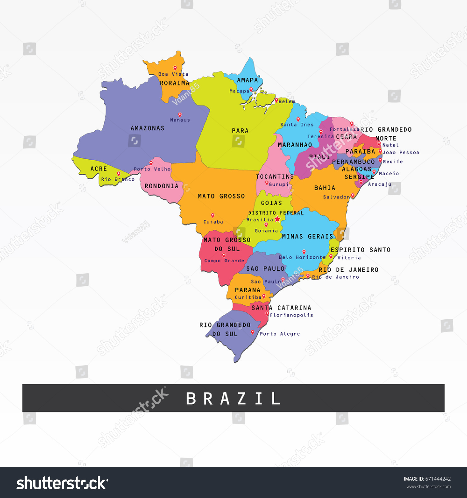 Brazil Map With Names Colorful Map Brazil Region Name Capital Stock Vector (Royalty Free)  671444242 | Shutterstock