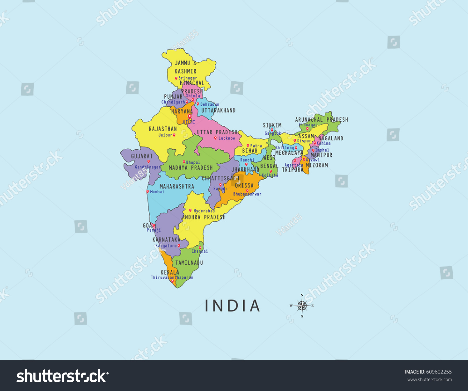 Colorful Map India Local Names On Stock Vector (Royalty Free) 609602255