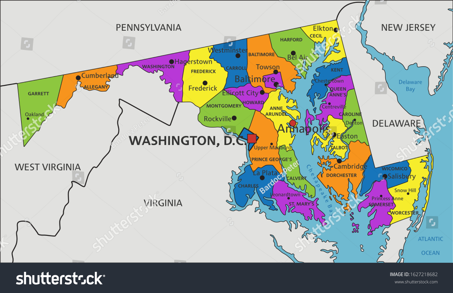 Colorful Maryland Political Map Clearly Labeled стоковая векторная графика без лицензионных 