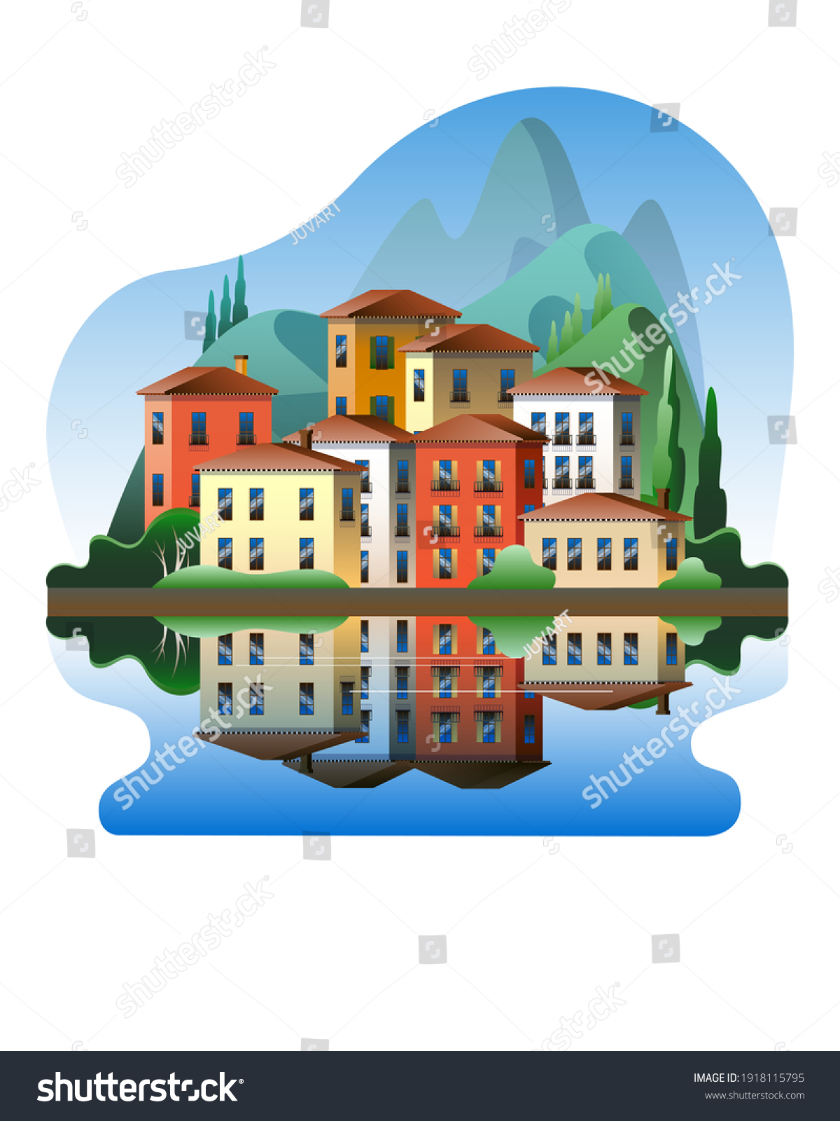 SVG of Colorful Mediterranean-style houses against the backdrop of mountains on the waterfront. Vector illustration on the theme of summer in Italy. svg