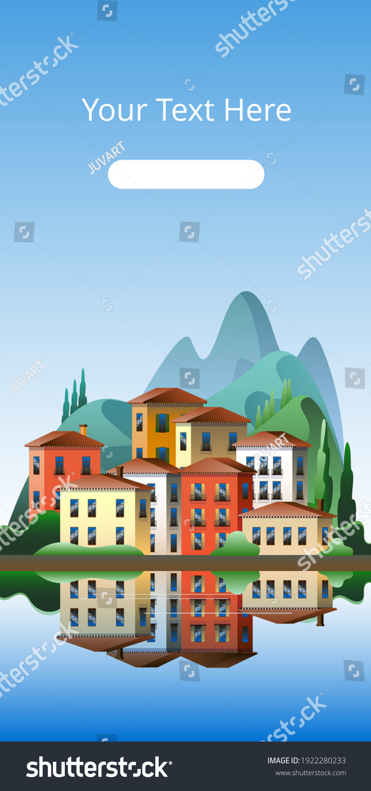 SVG of Colorful Mediterranean-style houses against the backdrop of mountains on the waterfront. Vector illustration on the theme of summer in Italy. svg