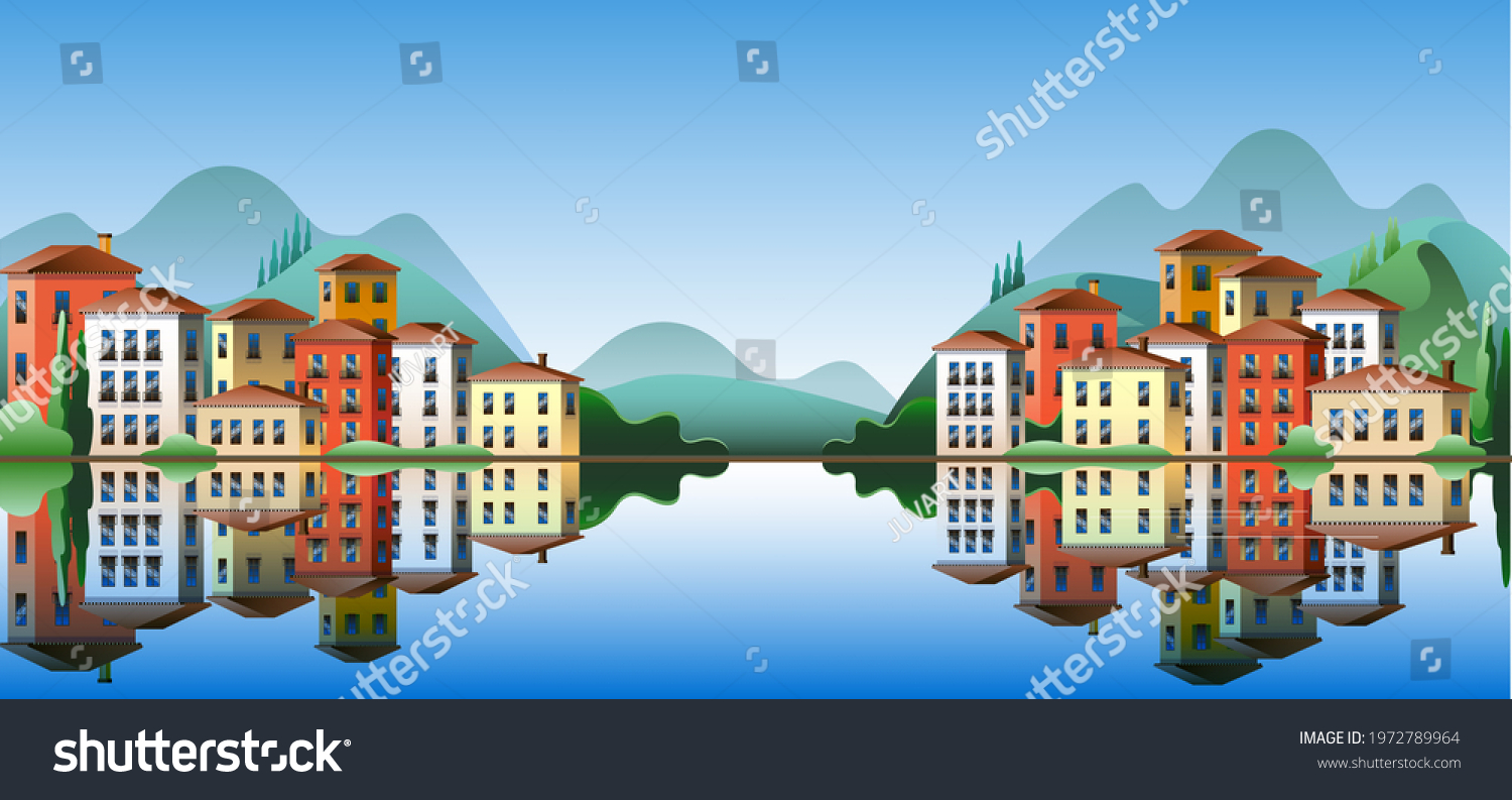 SVG of Colorful Mediterranean-style houses against the backdrop of mountains on the waterfront. Vector illustration on the theme of summer in Italy. Horizontal banner template.  svg