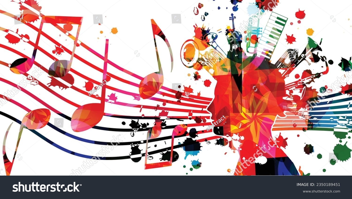 SVG of Colorful musical background with male head and musical instruments bundle with musical notes staff. Vector illustration. Design for composing, creativity and talent, listening and creating music svg