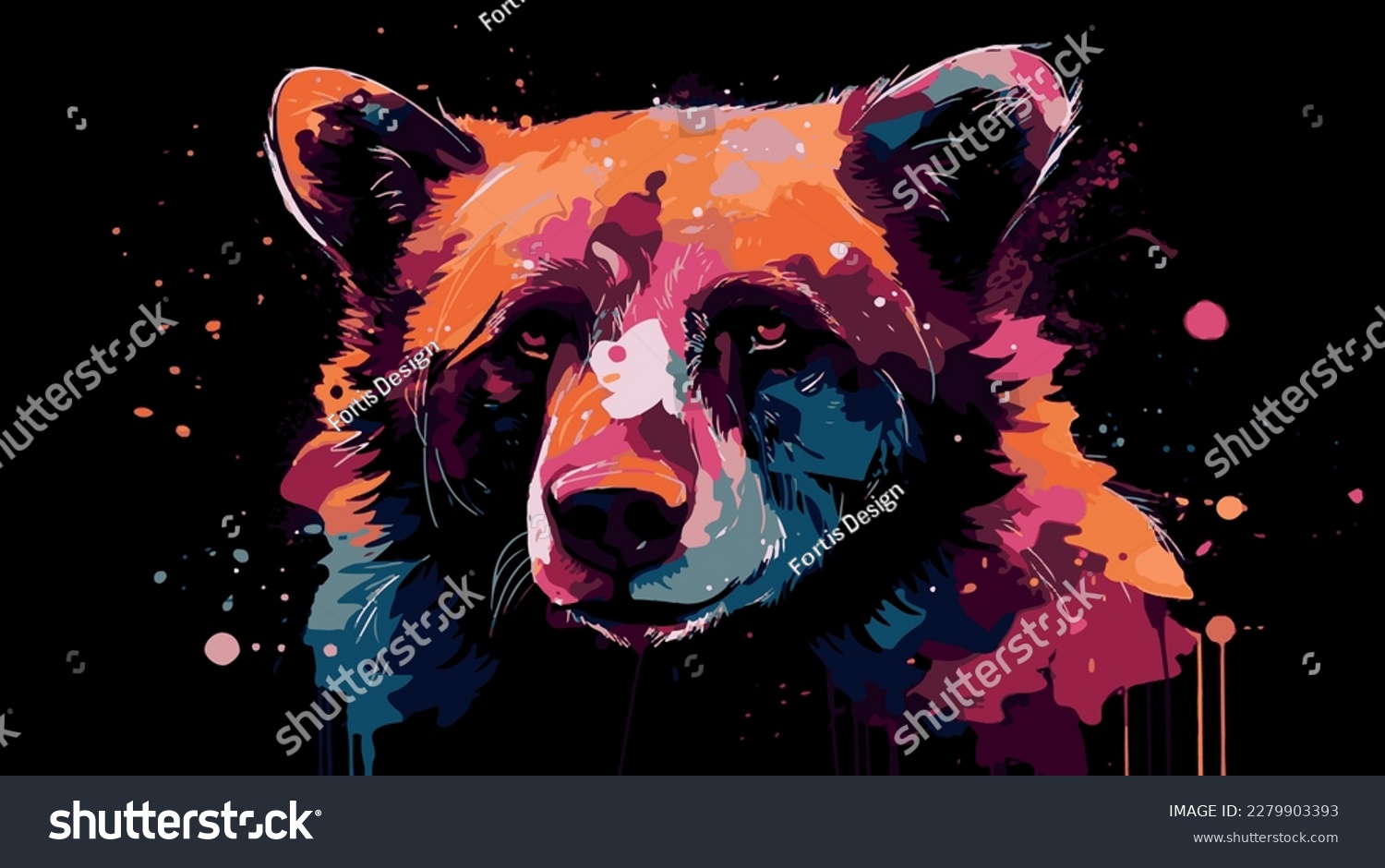SVG of Colorful painting of bear. Vector graphic art of multicolored grizzly. Artwork poster of wildlife. Modern portrait decoration. Graffiti style  print with paint splatter. Rainbow color cartoon sketch svg