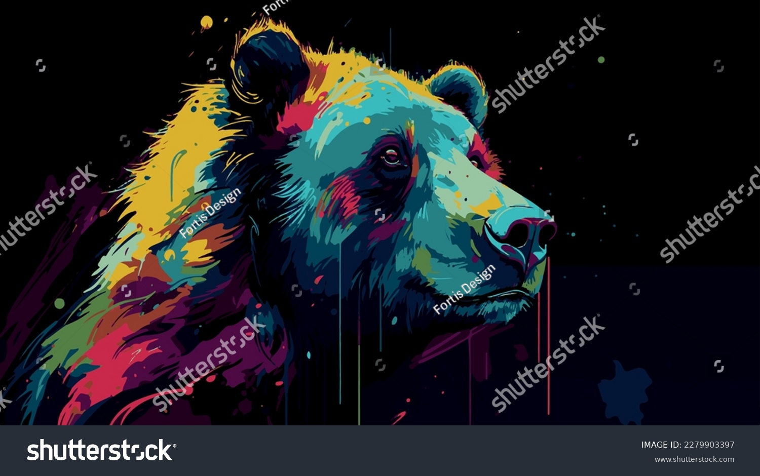 SVG of Colorful painting of bear. Vector graphic art of multicolored grizzly. Artwork poster of wildlife. Modern portrait decoration. Graffiti style  print with paint splatter. Rainbow color cartoon sketch svg