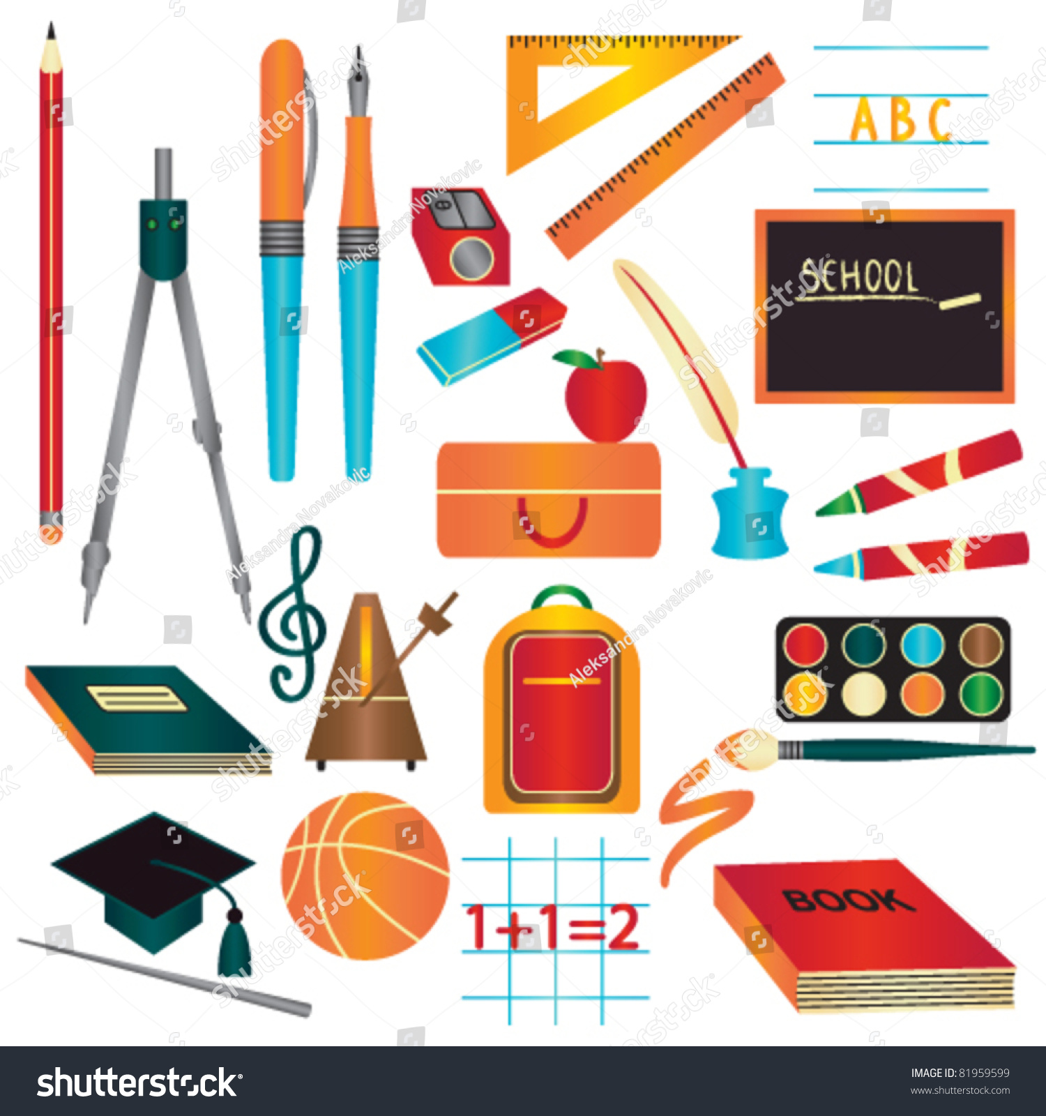 Colorful School Supplies Design Element Set Stock Vector Illustration ...