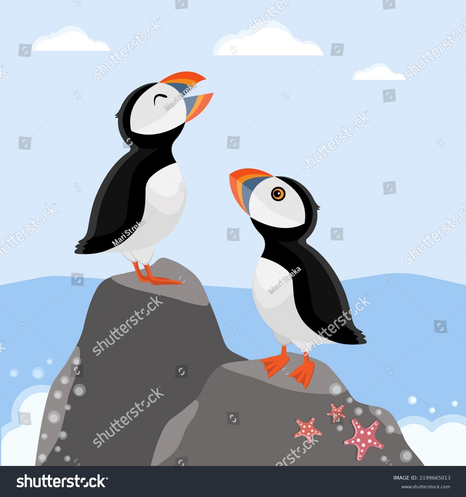 SVG of Colorful seascape with puffins in cartoon style. Puffin Colony vector illustration for designs, prints and patterns. svg