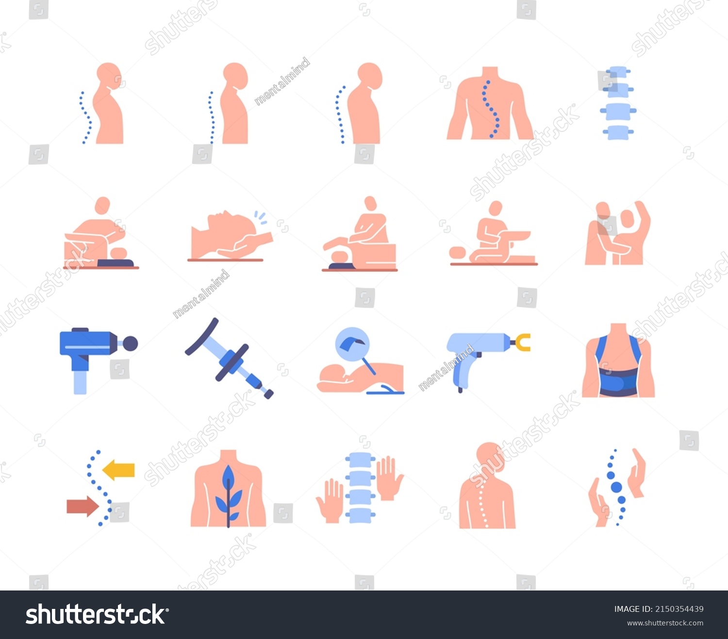 SVG of Colorful set of Chiropractic icons. Bright stickers with massage devices, corsets for curved spines and scoliosis. Treatment and prevention. Cartoon flat vector collection isolated on white background svg