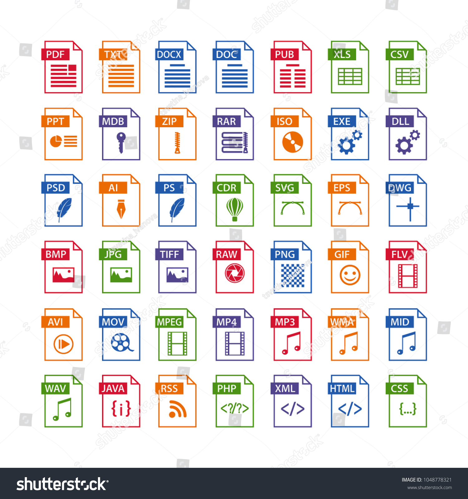 SVG of colorful set of file type icons. file format icon set in color, files symbols buttons, simple design svg