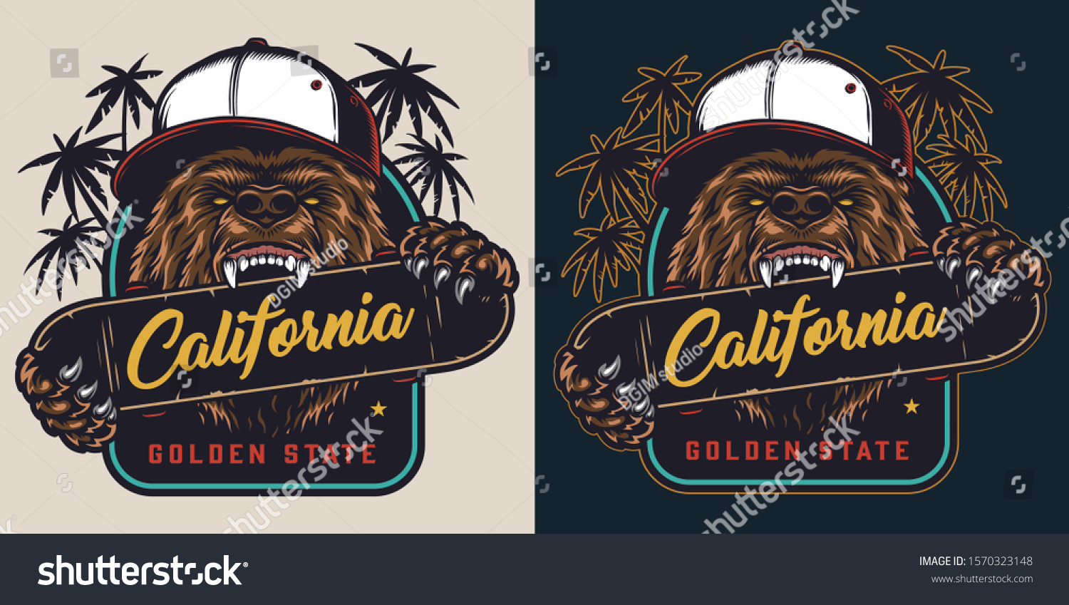 SVG of Colorful skateboarding badge in vintage style with cruel angry bear in baseball cap bites skateboard isolated vector illustration svg