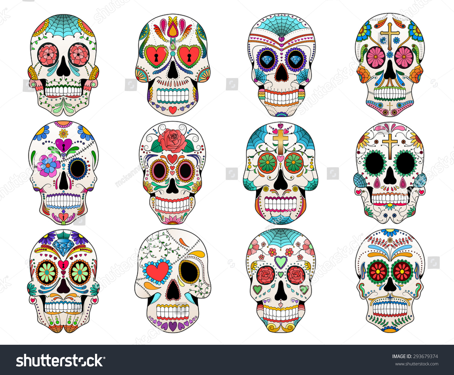 Colorful Sugar Skulls Stock Vector Illustration 293679374 : Shutterstock