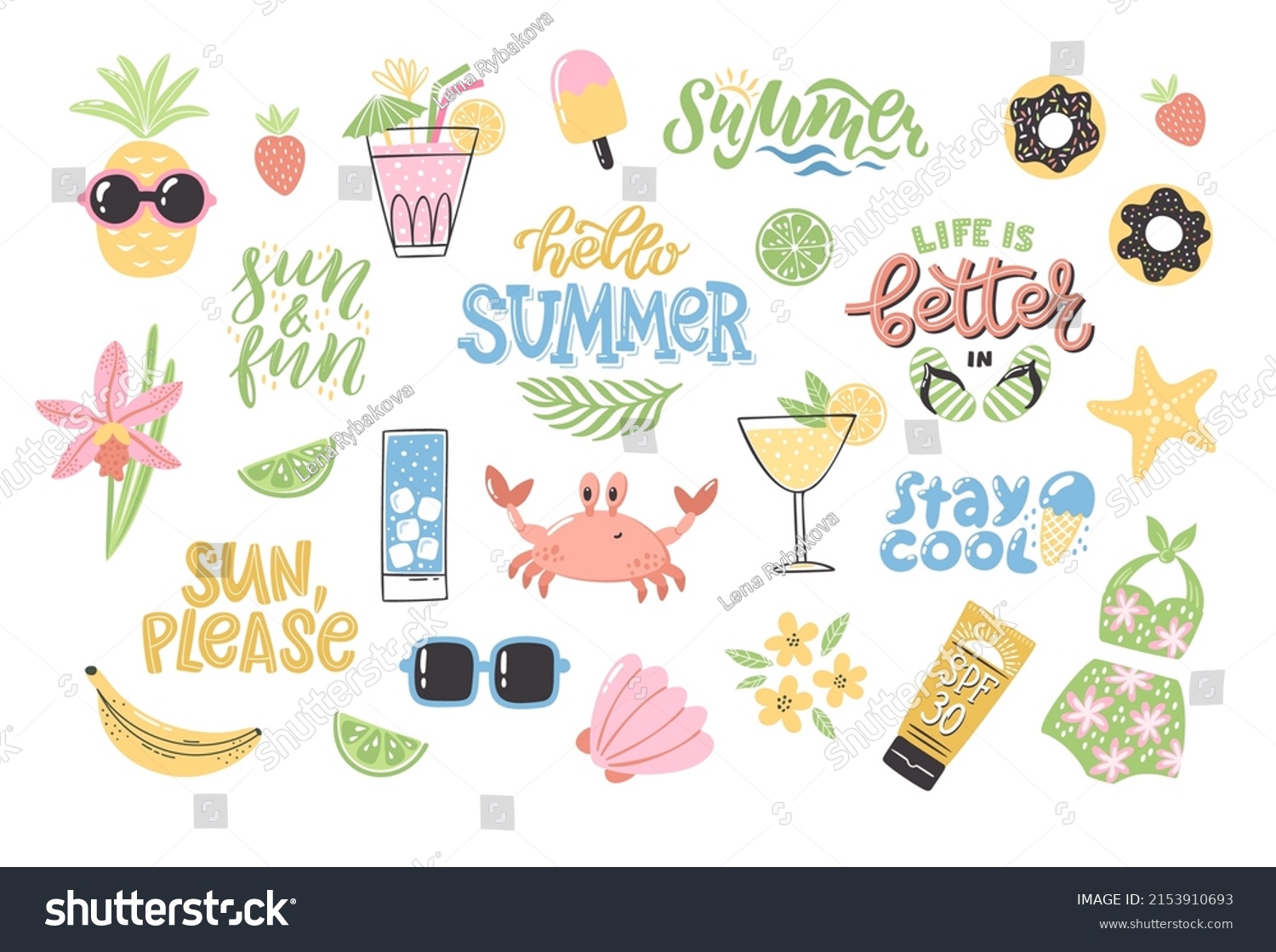 Colorful Summer Clipart Set Lettering Handdrawn Stock Vector (Royalty ...