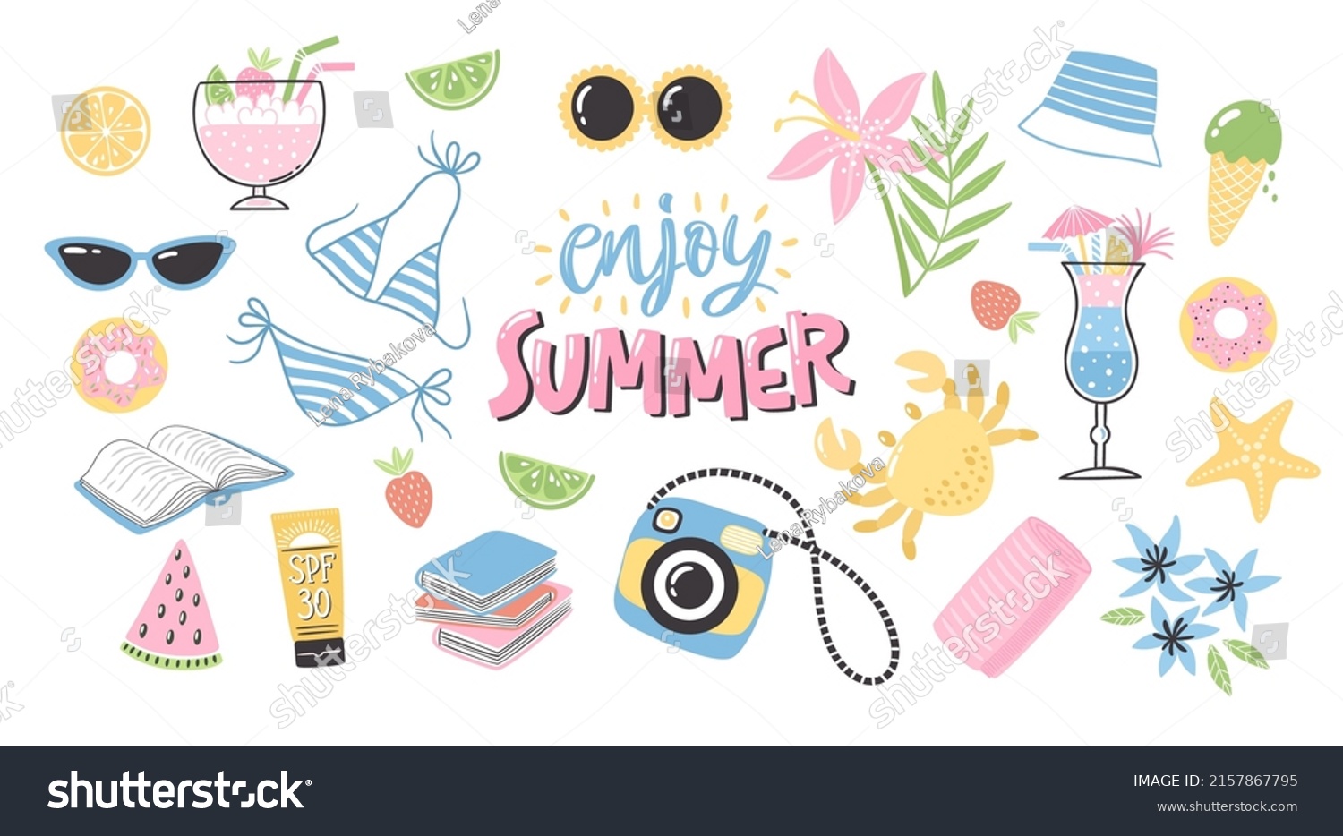 Colorful Summer Clipart Set Lettering Handdrawn Stock Vector (Royalty ...