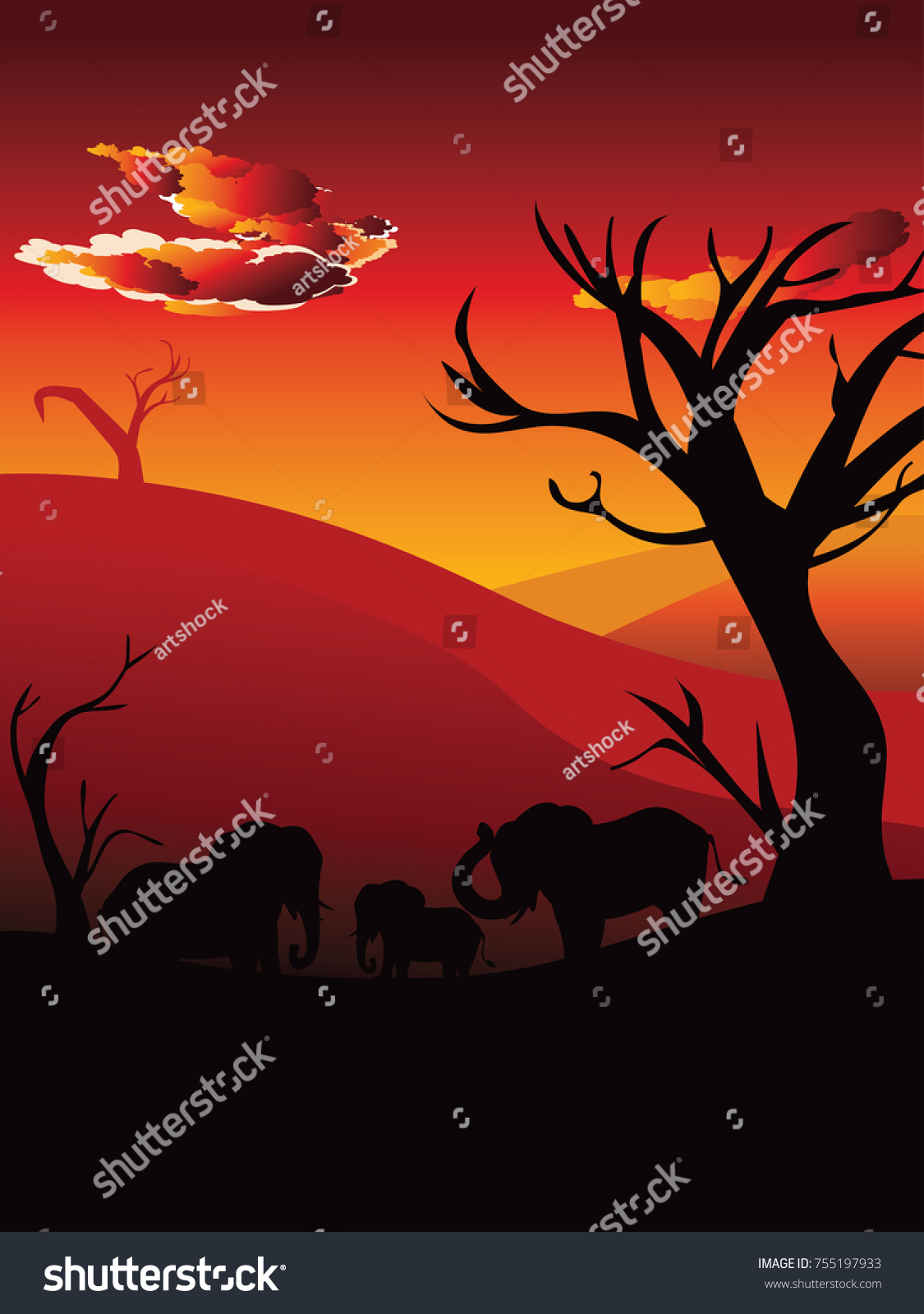 Colorful Sunset Scene African Landscape Silhouette Stock Vector