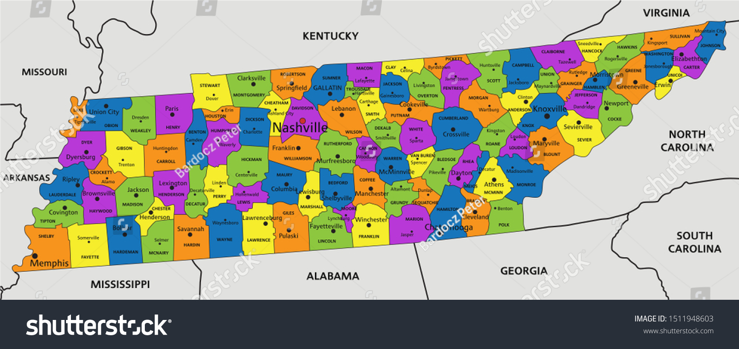 Colorful Tennessee Political Map Clearly Labeled