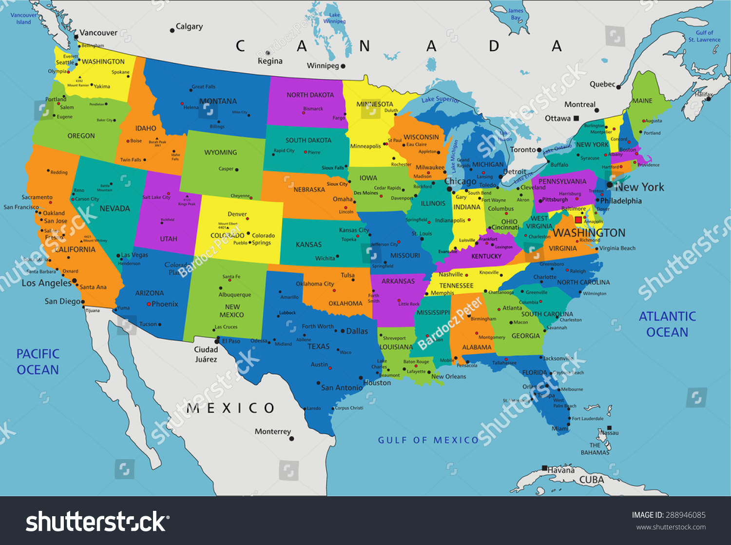 Colorful United States America Political Map Stock Vector Royalty
