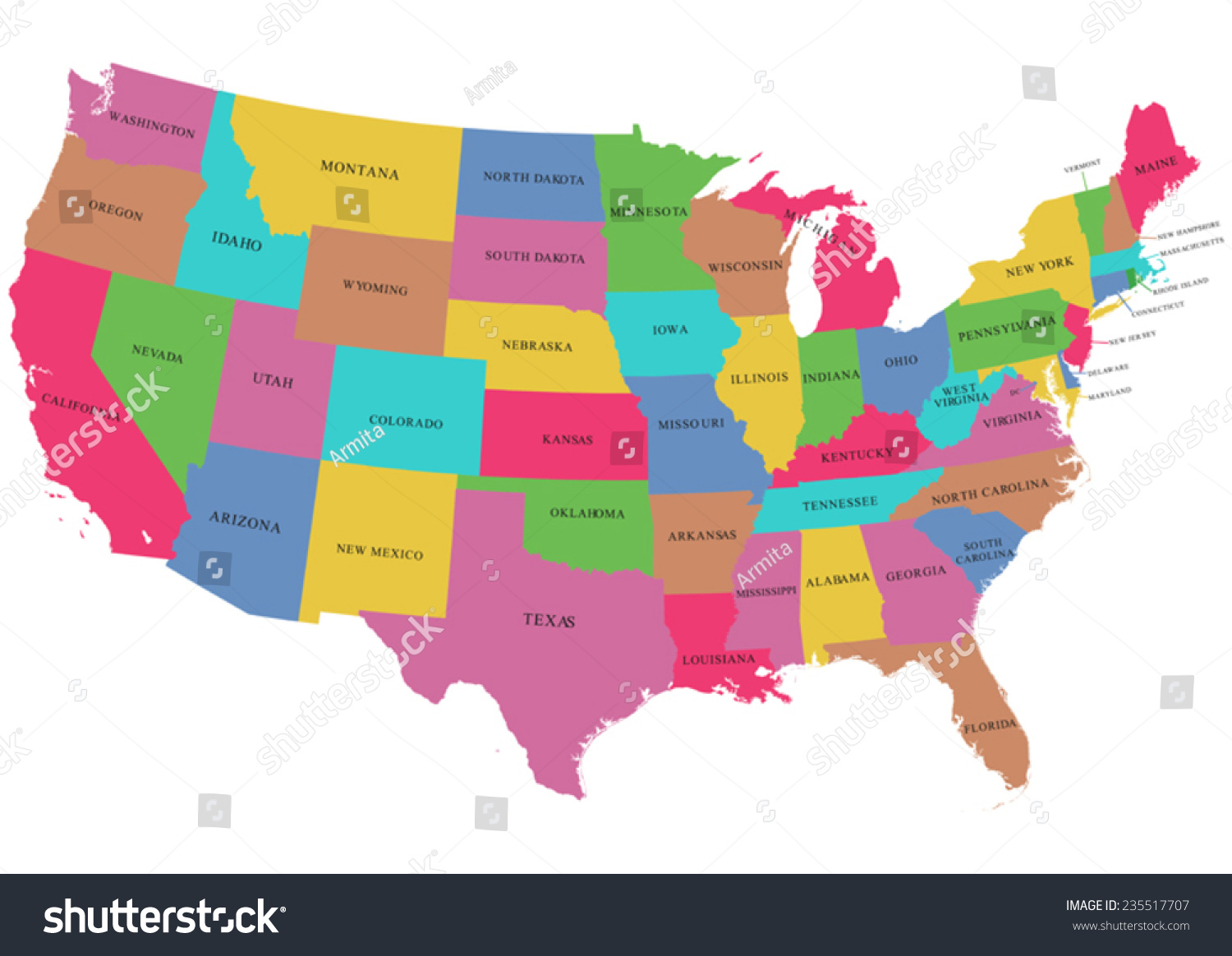 Colorful Usa Map States Stock Vector 235517707 - Shutterstock