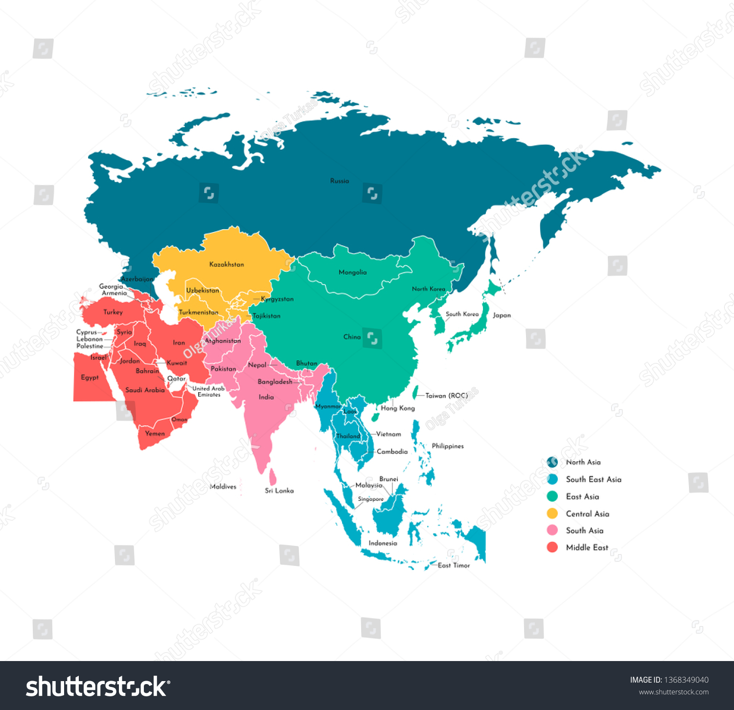 アジアの国々の地図が簡略化されたカラフルなベクターイラスト 州の境界と名前 すべてのアジア地域 白い輪郭と背景 のベクター画像素材 ロイヤリティフリー