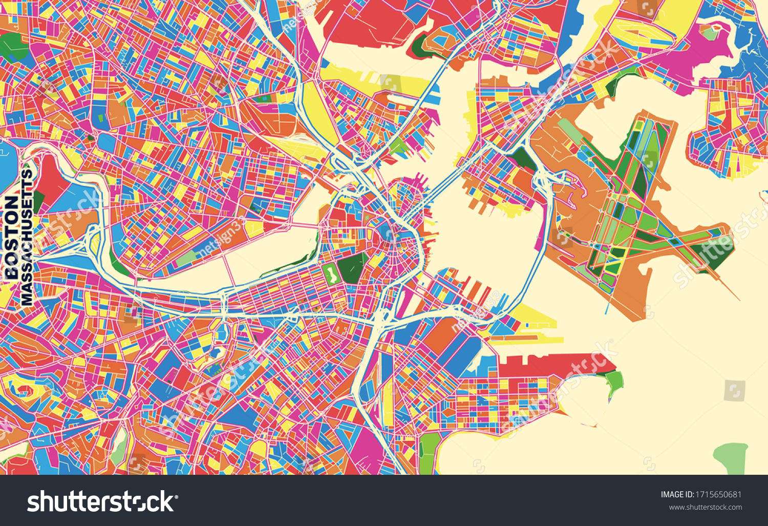 SVG of Colorful vector map of Boston, Massachusetts, U.S.A.. Art Map template for selfprinting wall art in landscape format. svg