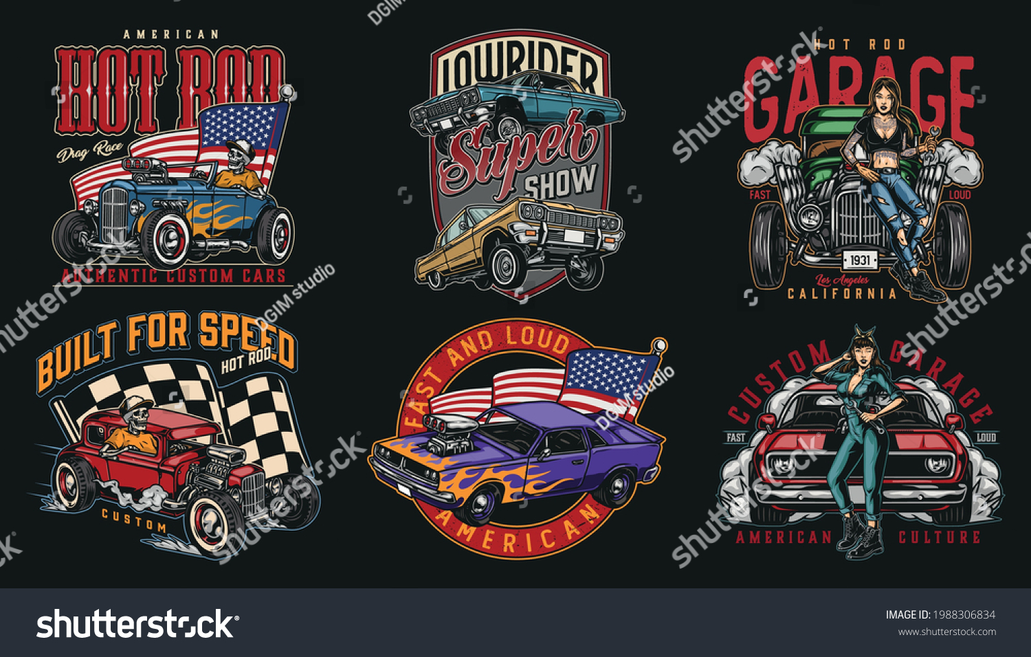 SVG of Colorful vintage custom cars labels with pretty women holding spanners lowrider and muscle cars skeleton in baseball cap driving hot rod checkered racing and USA flags isolated vector illustration svg