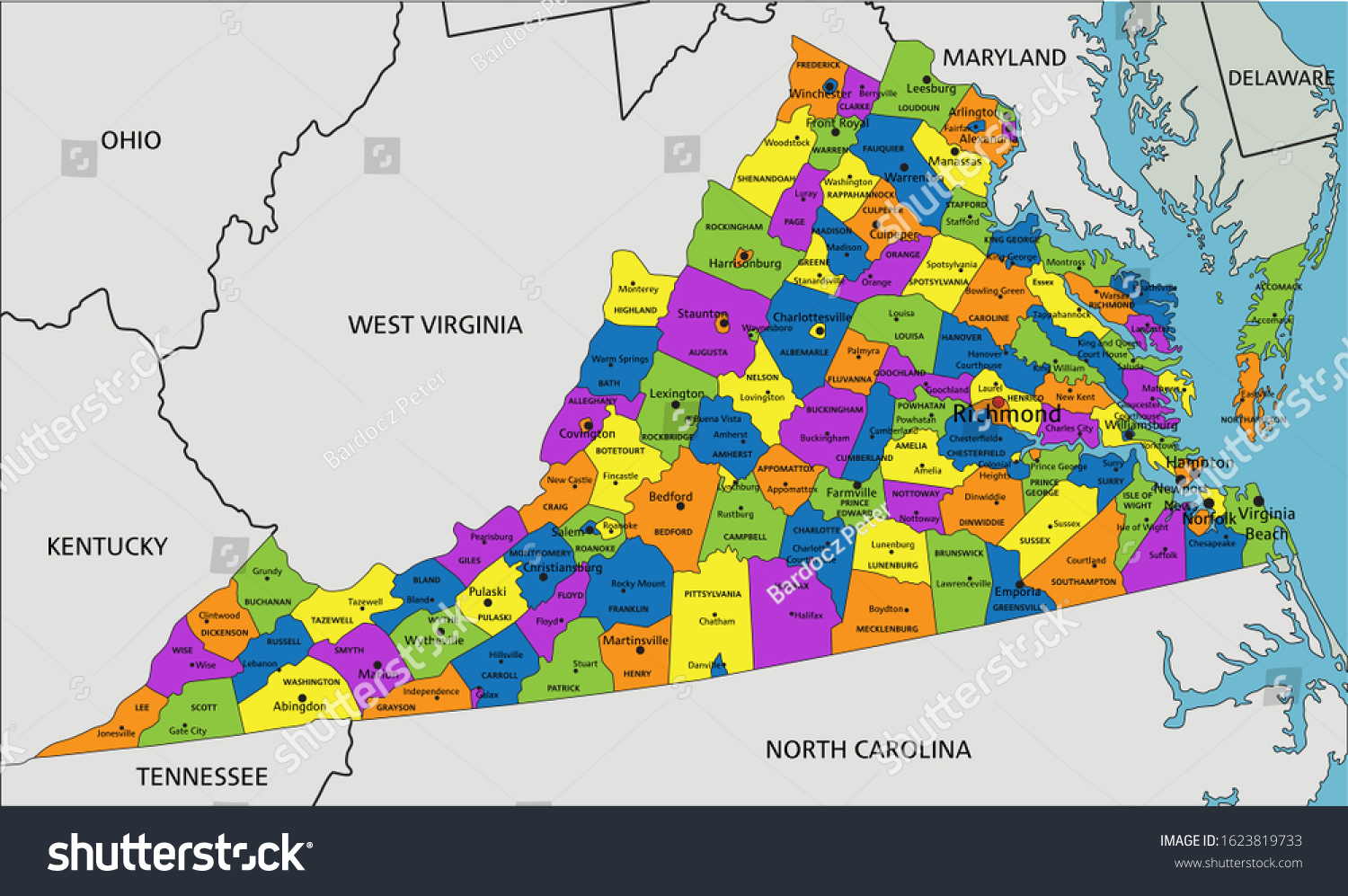Colorful Virginia Political Map Clearly Labeled Stockvektor