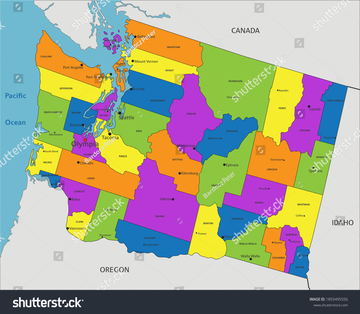 Colorful Washington Political Map Clearly Labeled: เวกเตอร์สต็อก (ปลอด ...