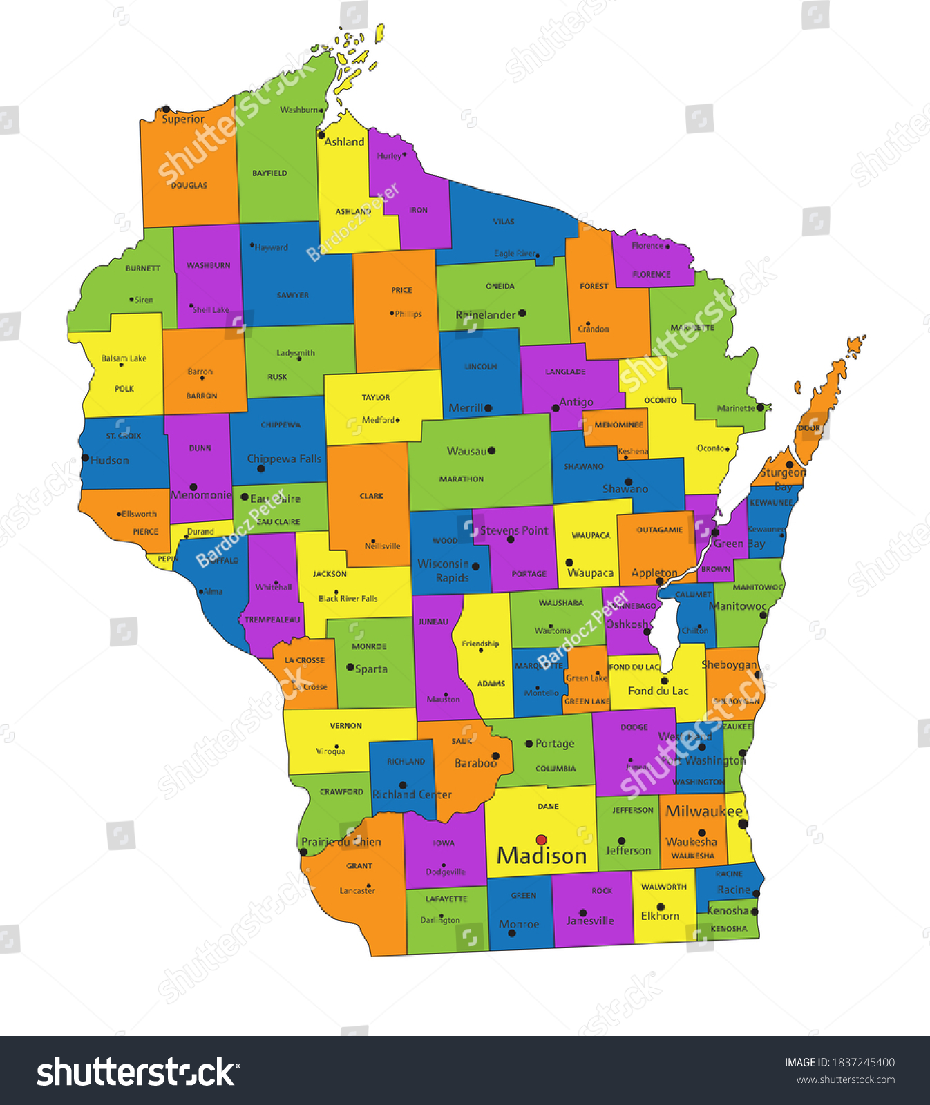Stock Vector Colorful Wisconsin Political Map With Clearly Labeled Separated Layers Vector Illustration 1837245400 