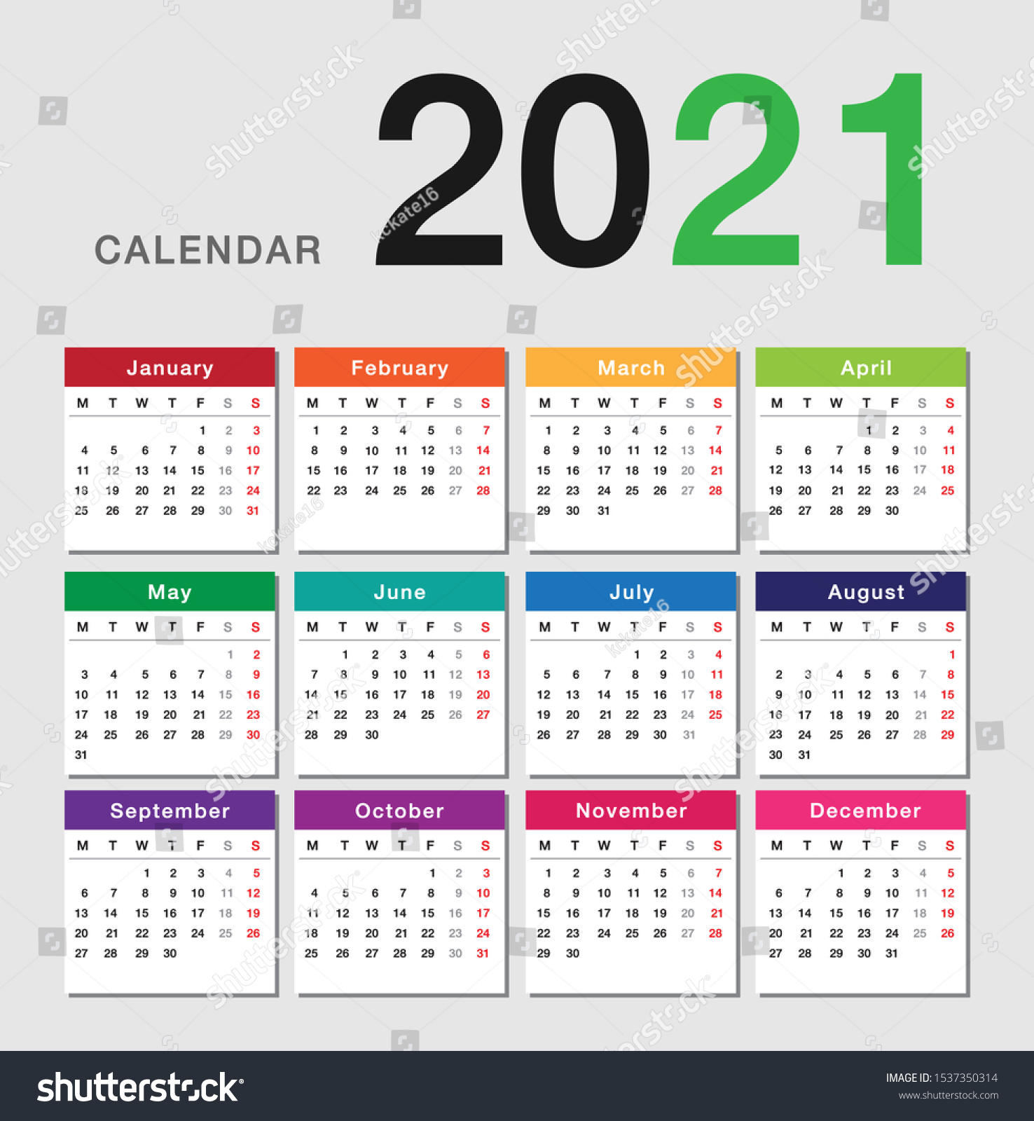 Colorful Year 2021 Calendar Horizontal Vector Stock Vector (Royalty ...