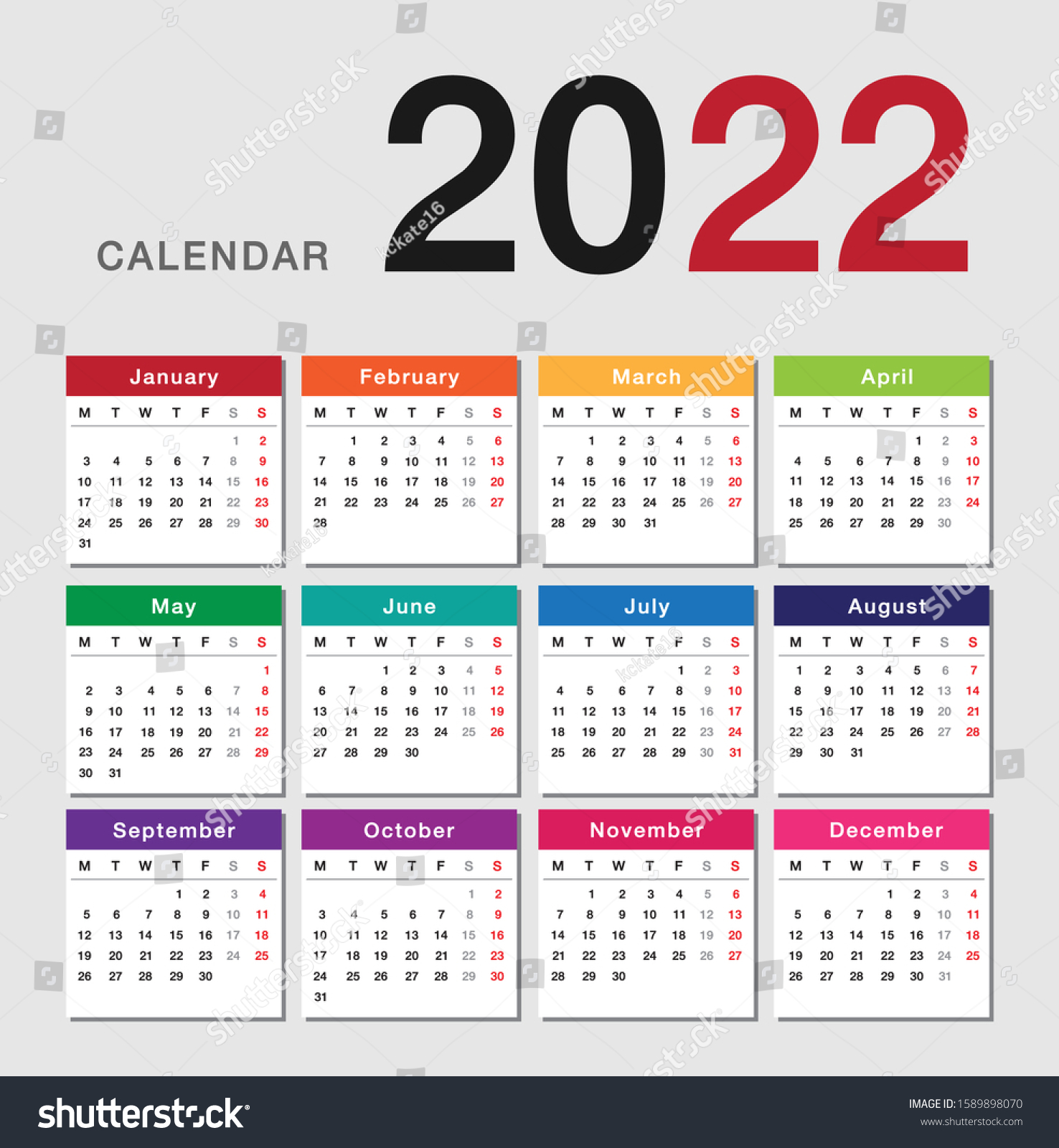 Spring 2022 Calendar Colorful Year 2022 Calendar Horizontal Vector Stock Vector (Royalty Free)  1589898070