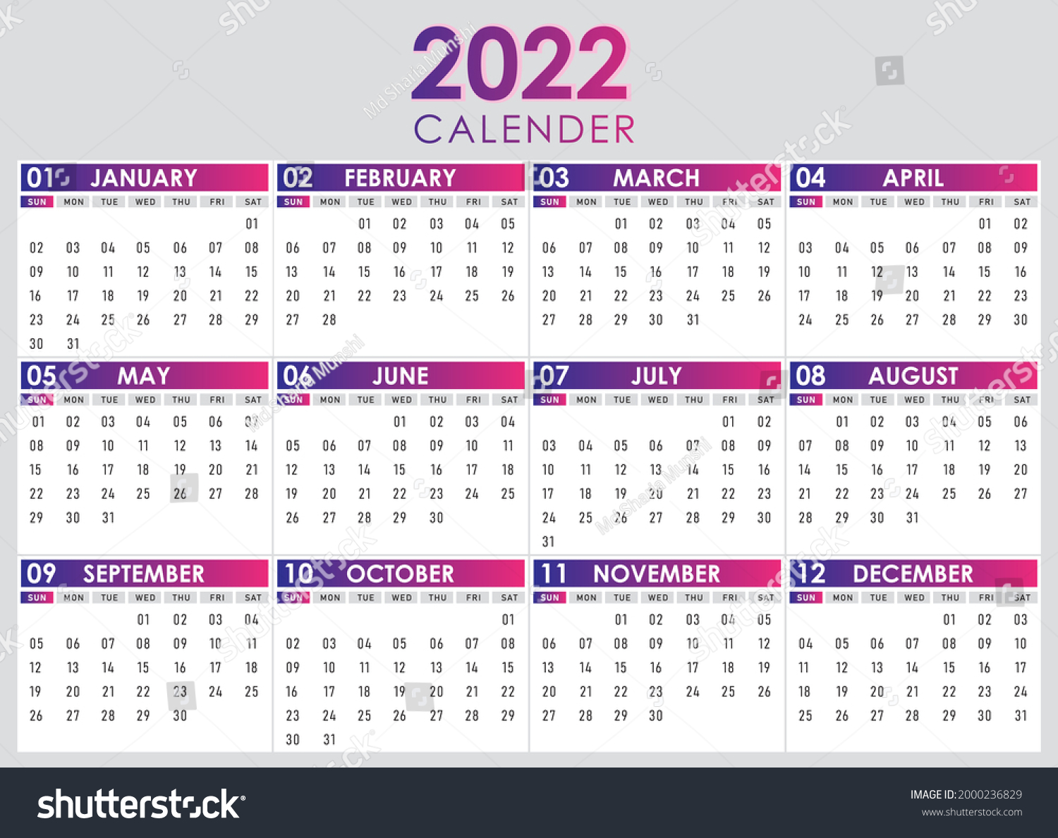 Colorful Year 2022 Calendar Horizontal Vector Stock Vector Royalty Free 2000236829 Shutterstock 