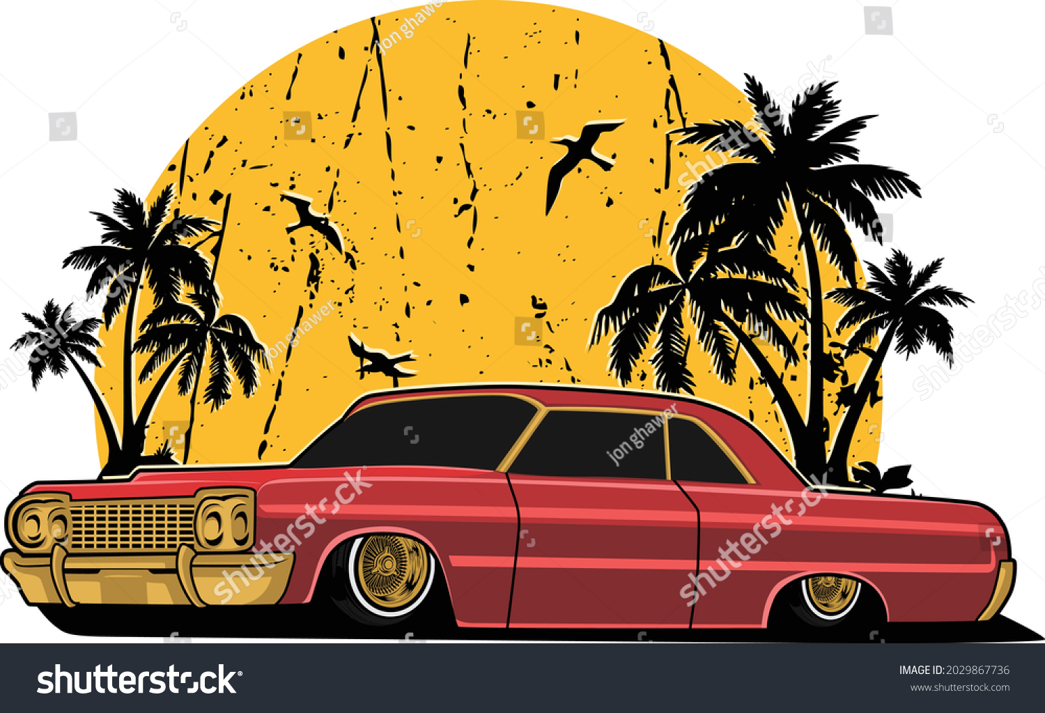 SVG of colorfull lowrider Cars Vintage Illustration. Gold Chrome Part. Summer Beach svg