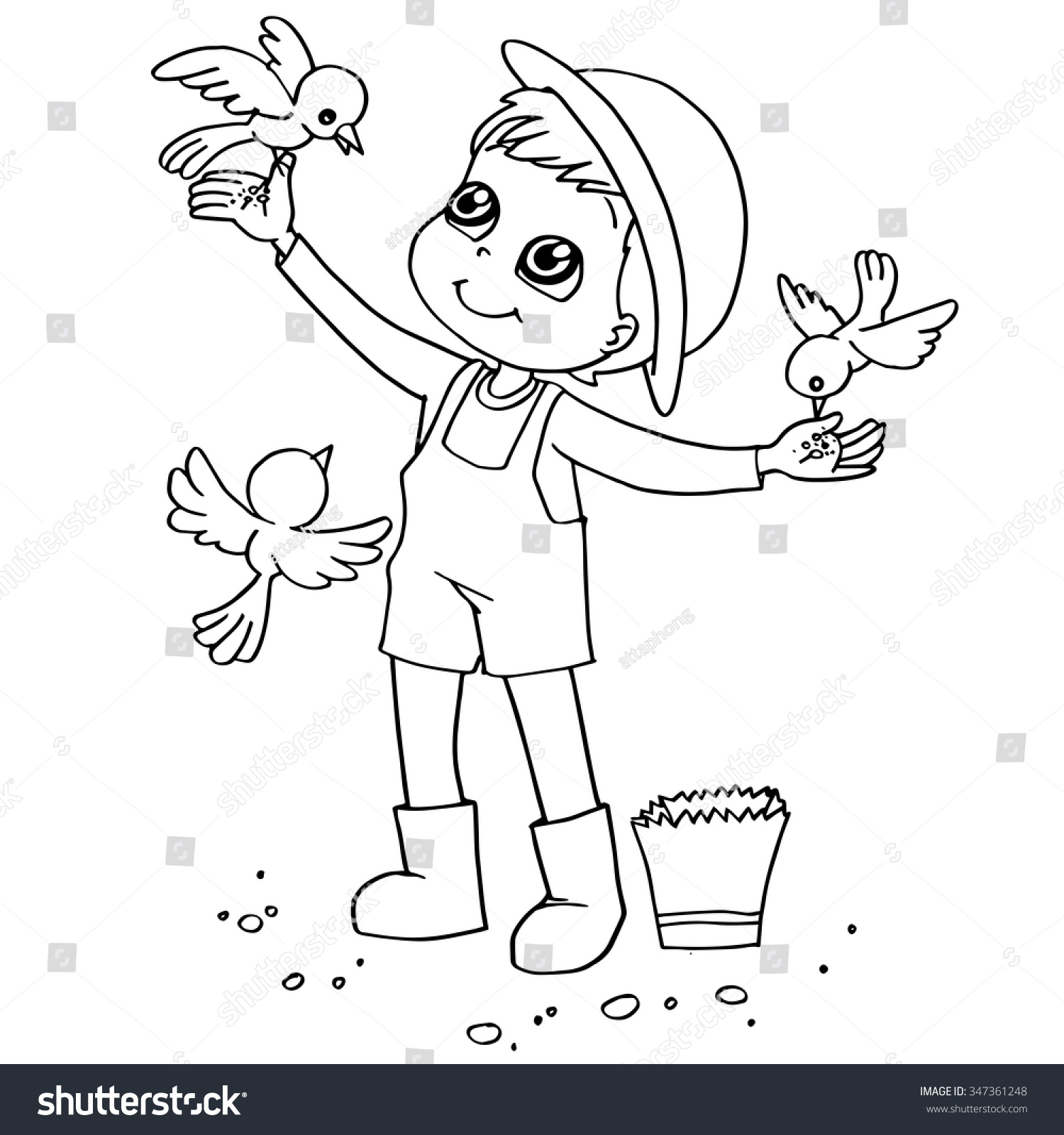 Coloring Book Child Feeding Birds Vector Stock Vector 347361248